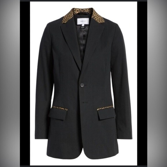 Current/Elliott Black The Calla Cotton-Wool Blazer w/ Leopard Print Trim Sz 0 - Picture 1 of 8